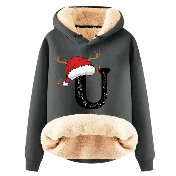 WILLBEST Sudadera de Mujer con Estampado de Letras Navideñas, Sudadera con Capucha de Lana Gruesa, Cálida para Invierno, Estilo Pullover Mediana