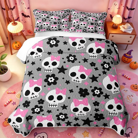 Manfei Cartoon Halloween Skull Quilt Full,Gothic Halloween Skeleton Full Bedspread Sets,3 Pieces,1 Coverlet and 2 Pillowcases