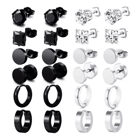 12pares Aretes Arracadas Hombre Pendientes Acero Inoxidable PLATA NEGRO