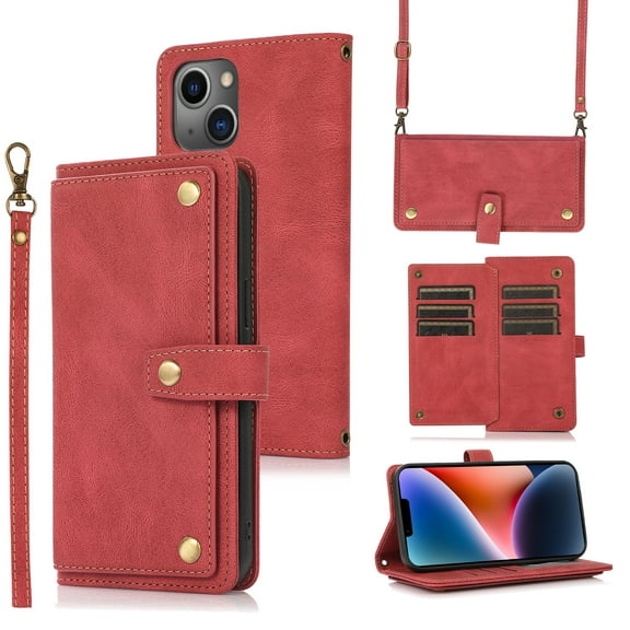 Feishell Crossbody Wallet Case for Apple iPhone 14 6.1 inch,for Women Men,Retro PU Leather Magnetic Button Flip Stand Credit Card Holder Phone Case with Adjustable Shoulder Strap,Red