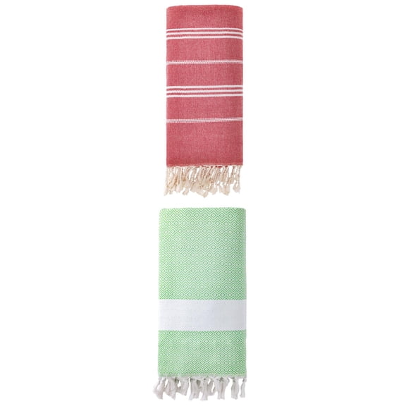 Unique Bargains 2Pcs Turkish Woven Striped Beach Towel Red Green 71" x 35"/71" x 40"