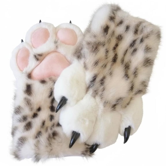 Vjnyvs Leopard Print Furry Animal Shape Gloves, Plush Mittens for Halloween Winter
