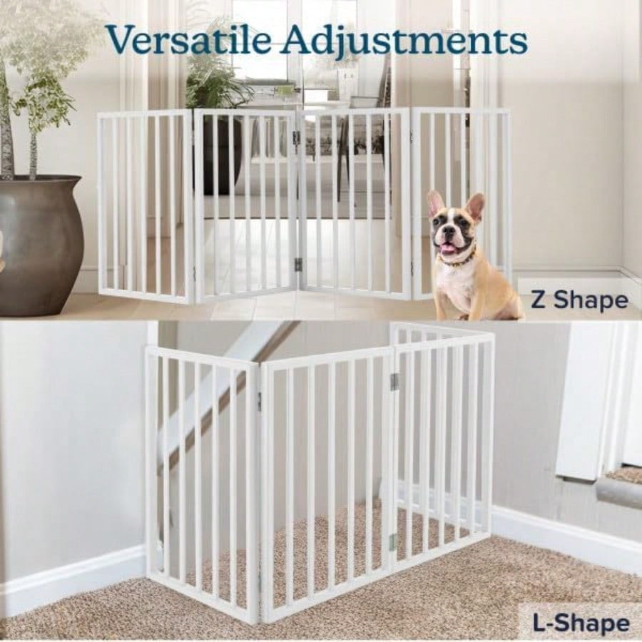 Pet Gate - 4-Panel Indoor Foldable Dog Fence for Stairs Hallways or Doorways - 72x24-Inch Retractable Wood Freestanding Dog Gates by White