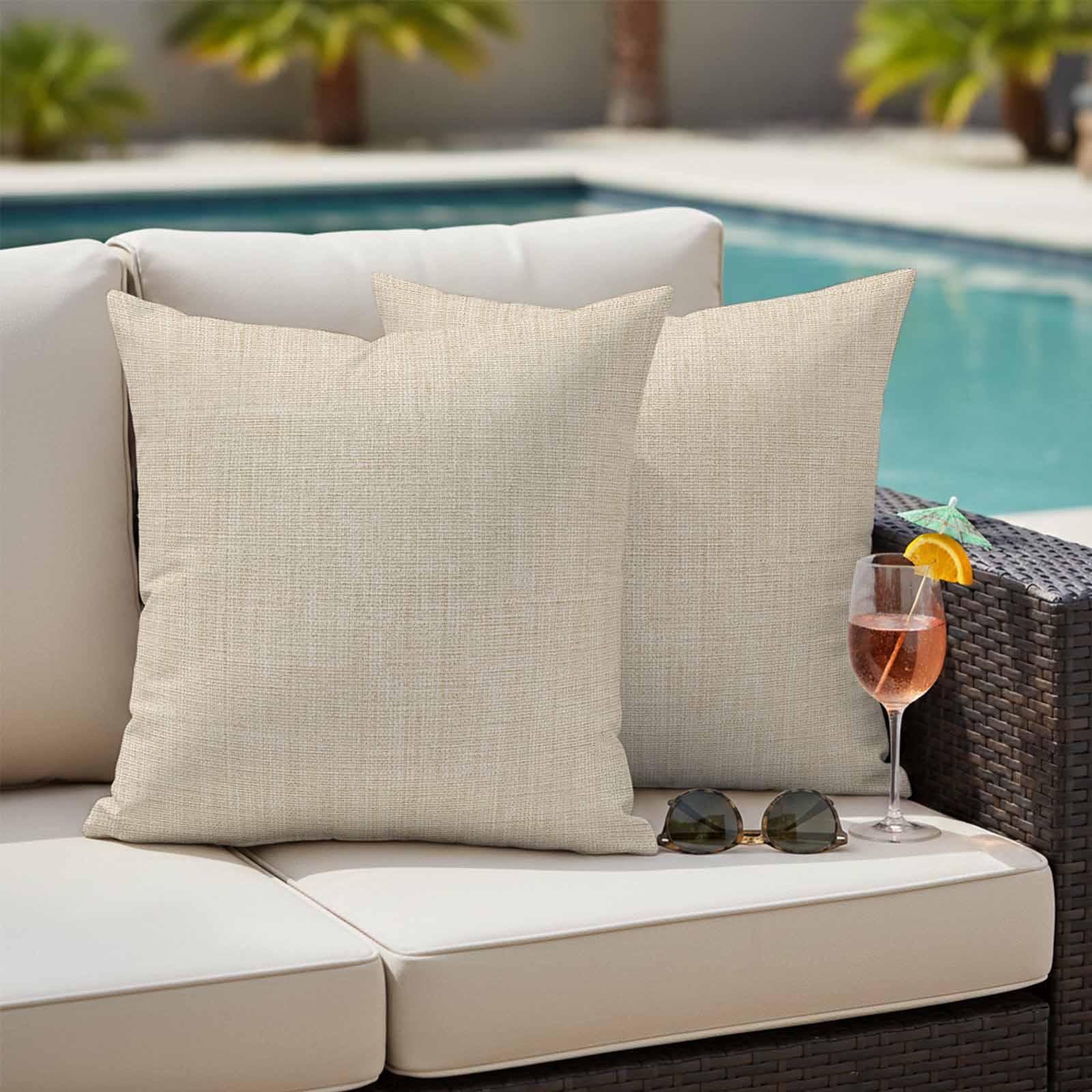 Vintage Cream Outdoor Waterproof Pillow Covers, Farmhouse Retro Beige Solid Color Decorative Square Throw Pillowcase Sofa Cushion Sham for Patio/Couch/Chair, 26"x26" 2 Pack