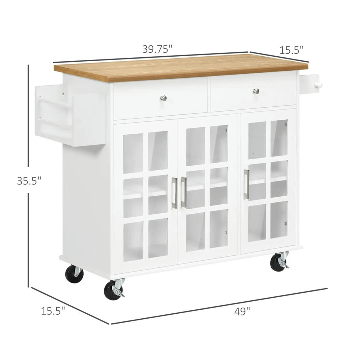 Demi Bonn 38" Kitchen Island Cart on Wheels with Storage, Rolling Dining Room Serving Utility Carts Mobile Movable with Wood Top and Drawer for Dining Room, White
