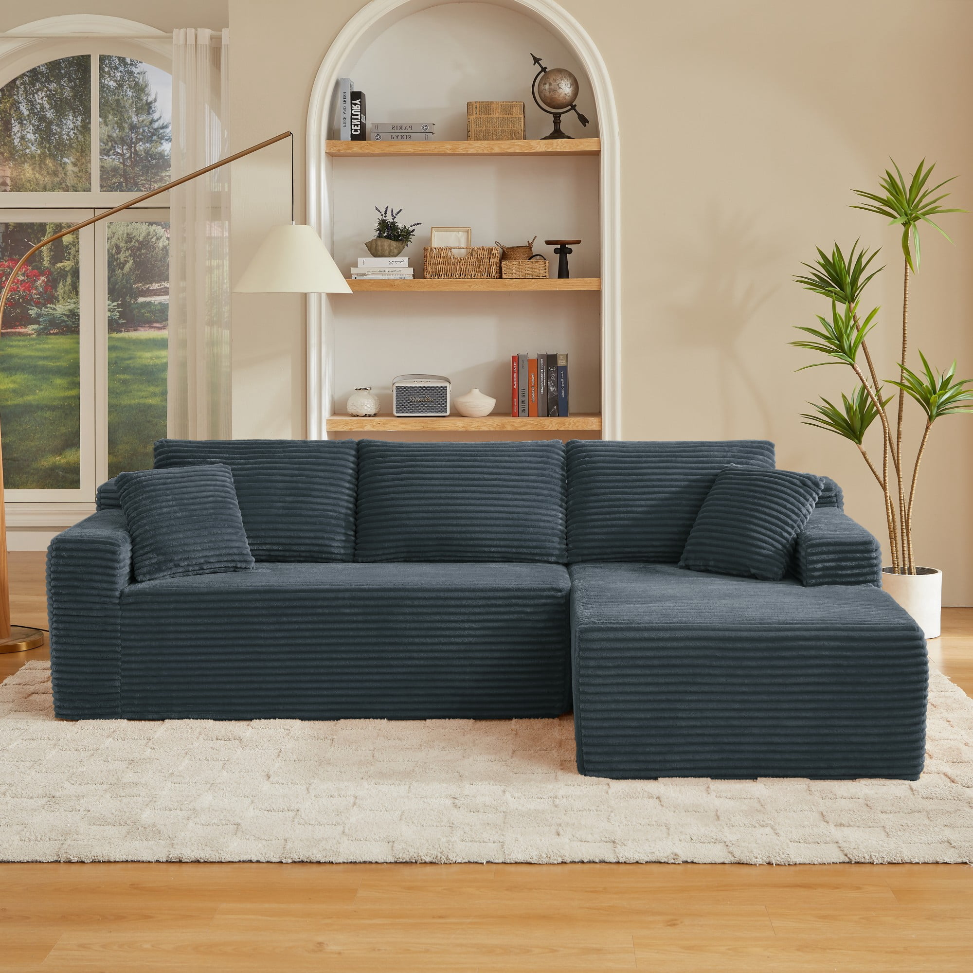 Aukfa 103" Modular Cloud Sectional Sofa, L-Shaped Boneless Couch with Right-Facing Chaise, Deep Seat Corduroy Sleeper Sofa for Living Room, Dark Gray