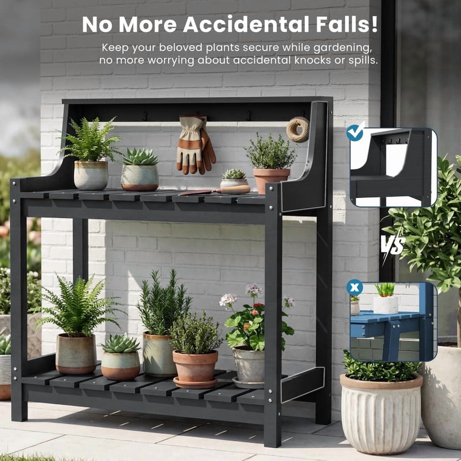 Howcool HDPE Outdoor Potting Bench with Storage & Hooks, 3-Tier Heavy-Duty Garden Workstation Table, All-Weather Potting Table for Patio & Backyard, Grey