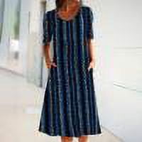Robes Robe d'Été Femme Col Rond Mode Décontractée Tempérament Pull Manches Courtes Imprimé Décontracté Ample avec Poches Bleu Foncé m