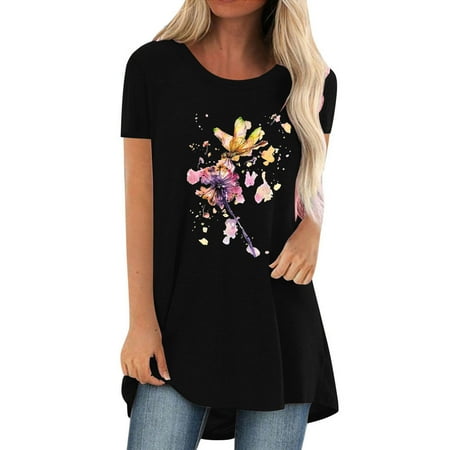 

Women Fashion Casual Printing Shirts Short Sleeve Loose Tee Tops Tunic Blouse Round-Neck Black XXL