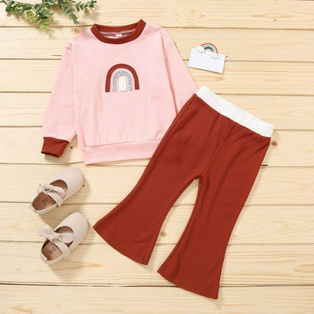 

Hunpta Toddler Kids Child Infant Newborn Baby Girls Rainbow Long Sleeve Blouse Tops Solid Bell PantsTrousers Set 2PCS Outfits