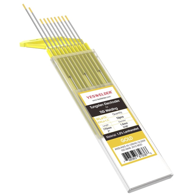 Electrodos de Tungsteno para Soldadura TIG YESWELDER 1.5% Lantano 1/16"x7" (Dorado, WL15/EWLa-1.5) Paquete de 10