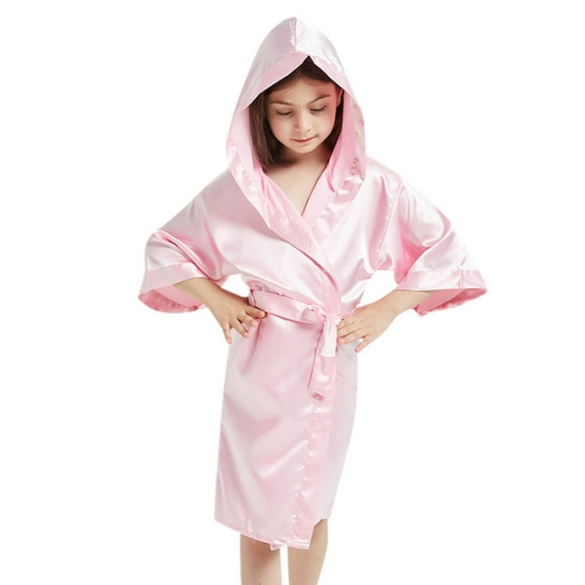 MIASHUI Peignoirs de Pyjama pour Enfants Garçons Filles en Soie Satinée à Capuche, Rose, 8-9 Ans