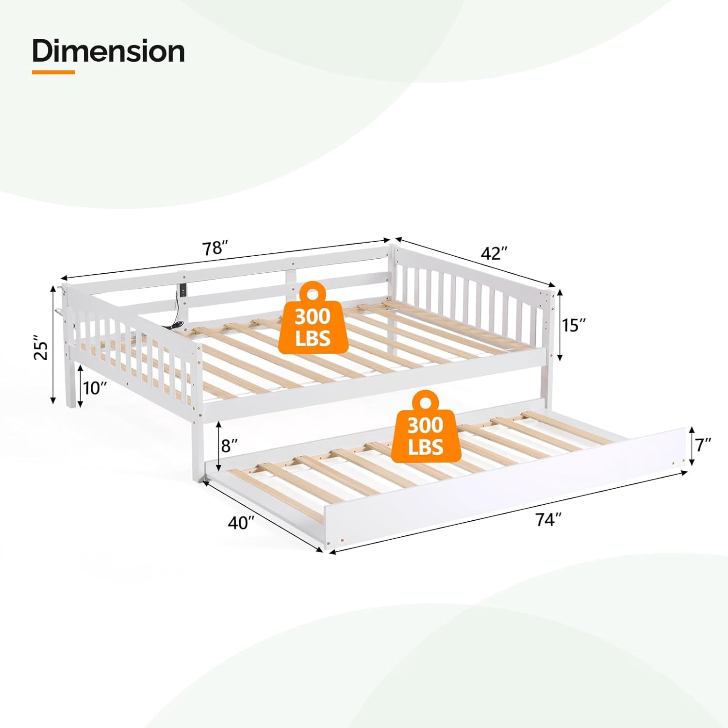 Zimtown Solid Wood Twin Daybed with Trundle, Day Bed Frame with Charging Station and Lights, White