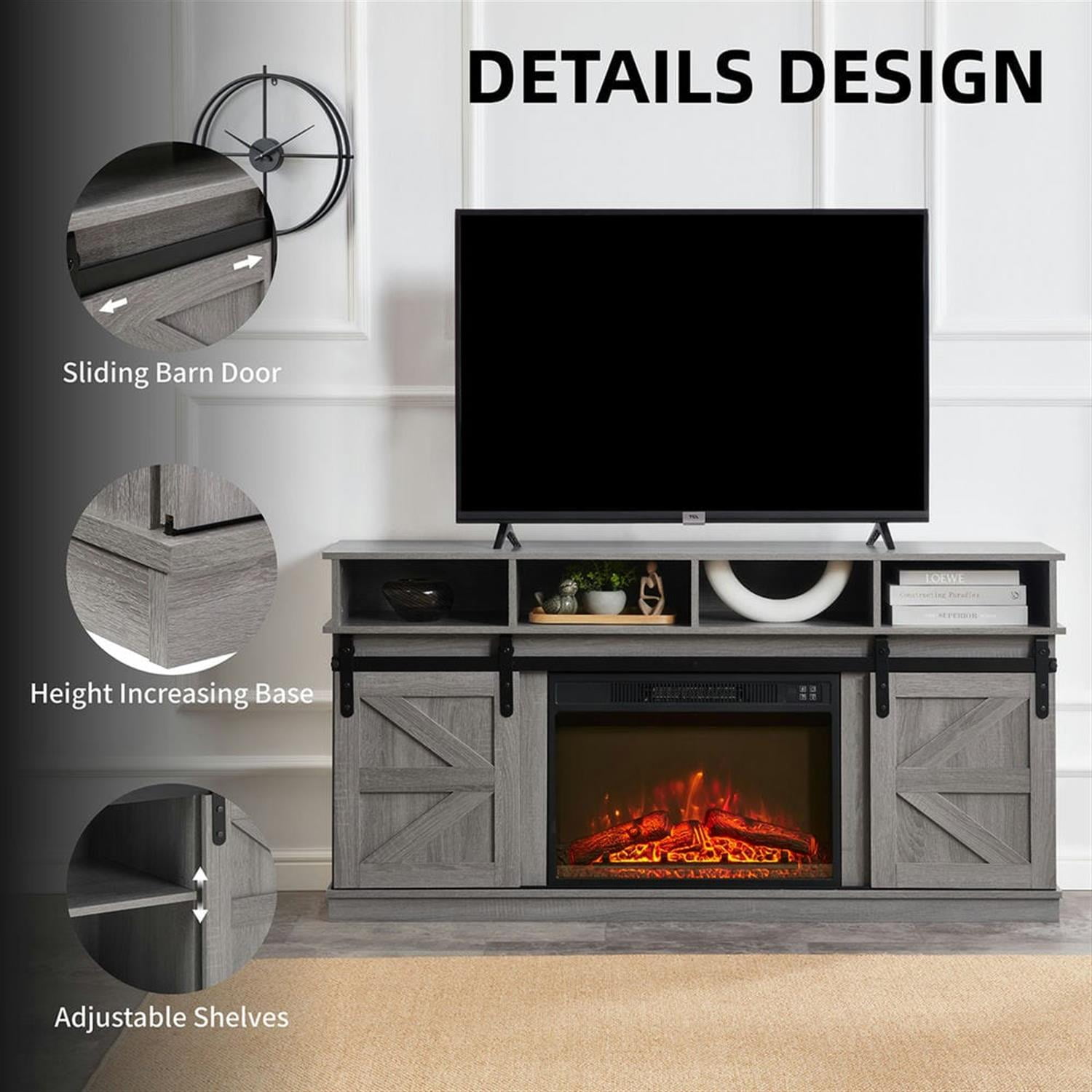 Demi Bonn Modern Farmhouse TV Media Stand for TV Up to 65'', Large Barn Inspired Home Entertainment Console with 23" Fireplace Insert, Open Shelves and Closed Cabinets, Gray