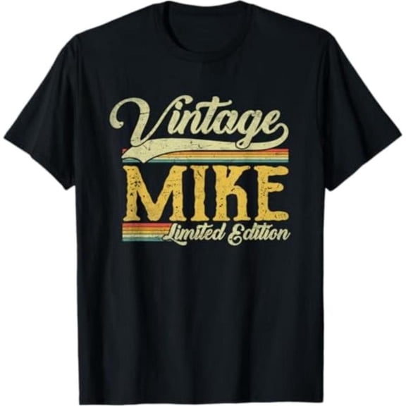 Nostalgic Name - Themed Patterned Tee,Tops Boasts "Vintage MIKE Limited Edition" Text and Retro Stripes, Round Neck Regular Fit T - shirts, Size(S - 5XL)