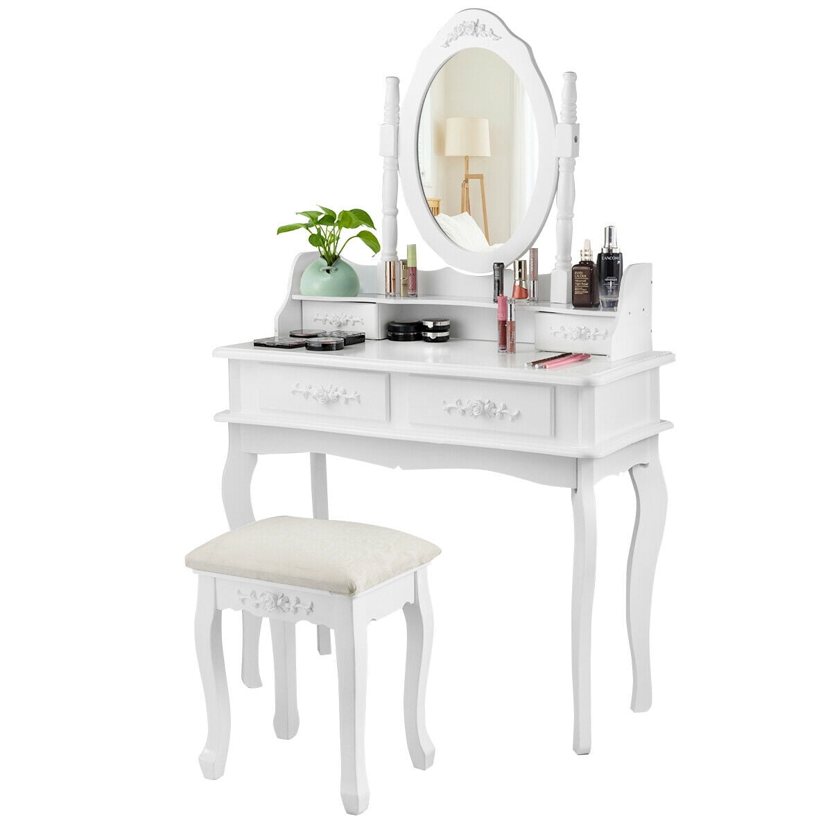 Makeup Dressing Table Vanity Set Mirror Jewelry Storage W Stool 4 Drawer