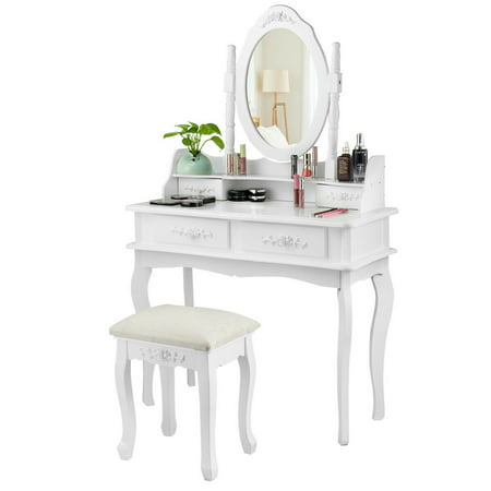 Costway White Vanity Makeup Dressing Table Set Mirror Jewelry Storage W/Stool &4