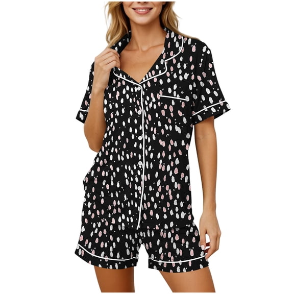 Idoravan Womens Pajama Sets 2 Piece Button Down Short Sleeve Tops with Pocket Shorts Set Women's Casual Printed Pocket Short Sleeve Spring and Summer Shorts Home Wear Pajama Set