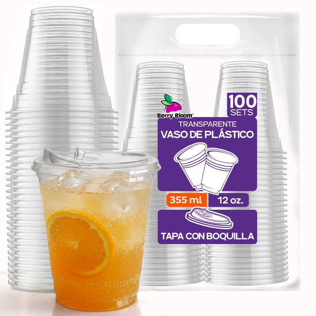 Berry Bloom 100 Vasos Desechables De Plástico Con Tapa Tipo Boquilla 12oz (355 ml) Transparentes, Resistentes, Vasos Perfectos para Llevar Bebidas Frías