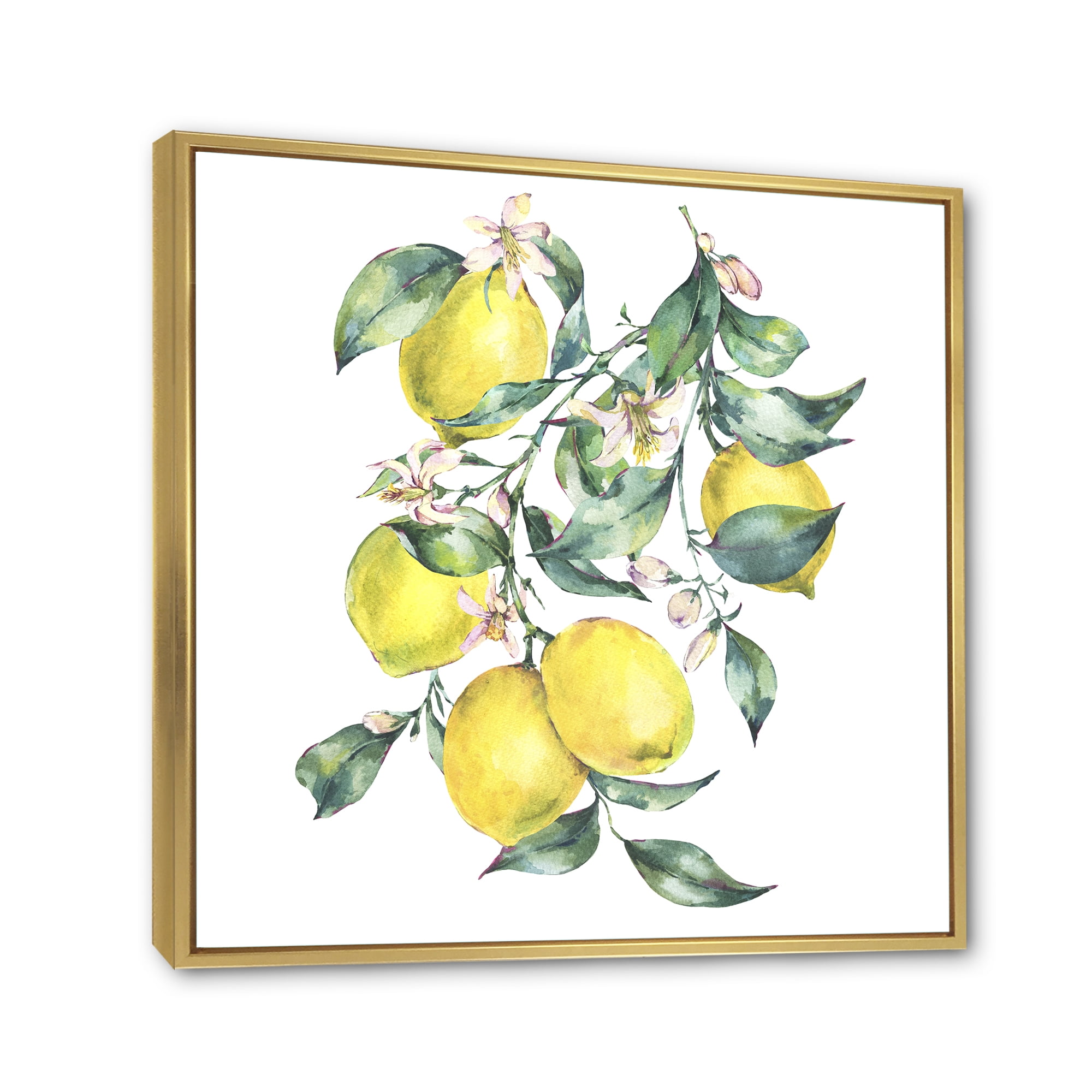 Designart 'Branch of Leaves and Yellow Lemons I' Tropical Framed Canvas Wall Art Print