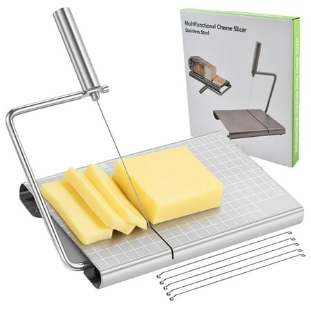 

JLLOM Cheese Slicer Stainless Steel Cheese Cutter with 5 Replacement Wires Adjustable Thickness Cutting Board for Block Cheese