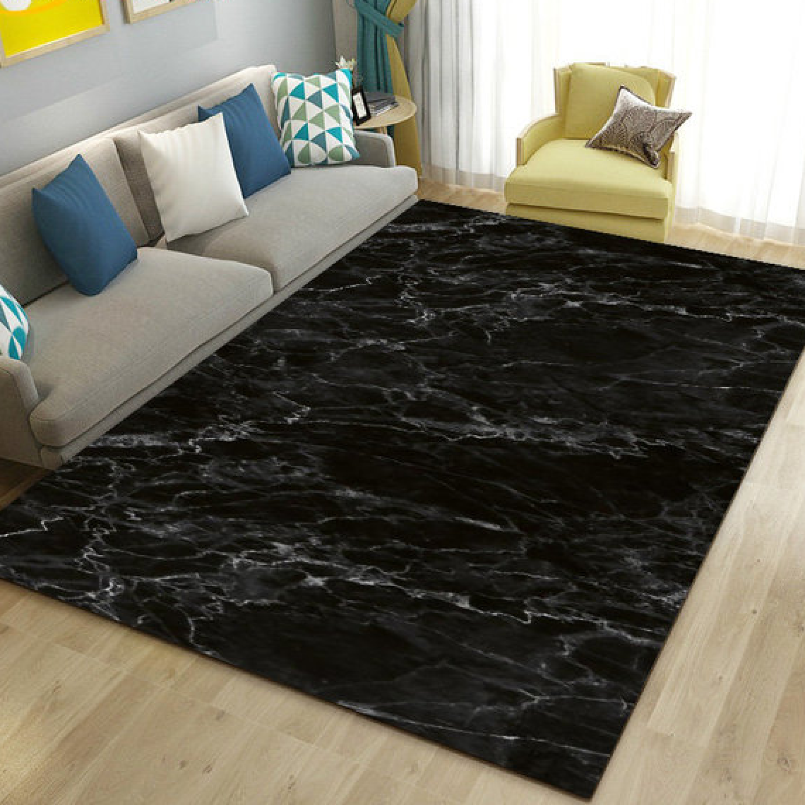 Marble Area Rug Soft Black White Marble Rugs Floor Mat 3D Modern