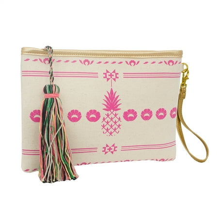 - Magid Aloha Print Tassel Clutch Wristlet, Pink