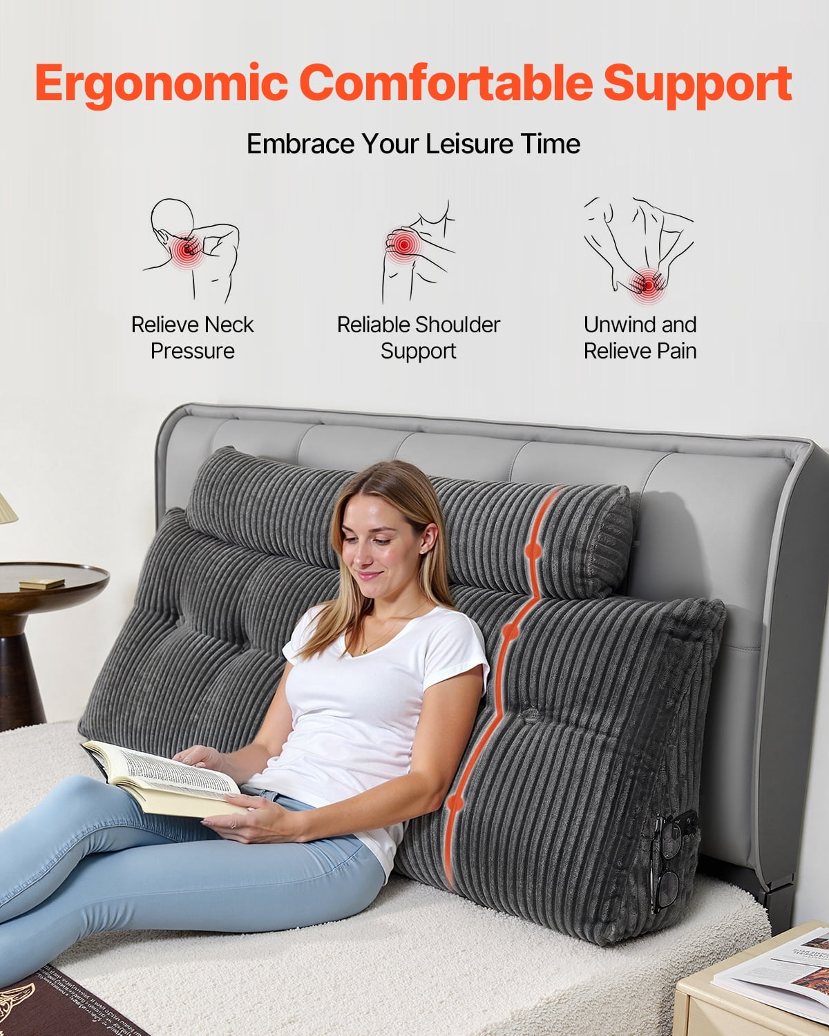 VEVOR Headboard Pillow, Queen Size Wedge Headboard Pillow with 2 Side Pockets and 2 Headrests, Bed Wedge Pillow with Washable Flannel Cloth, for Reading, Gaming, Resting, Working in Bed, Grey