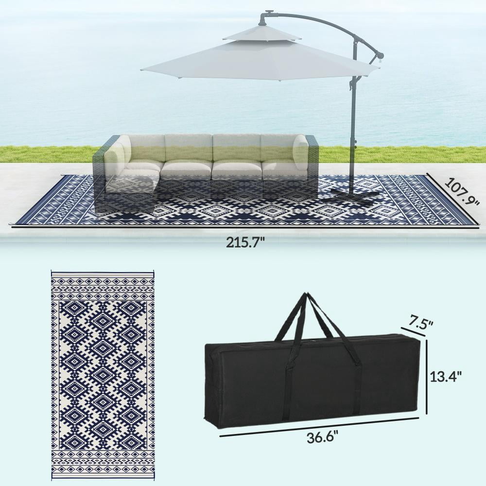 9' x 18' Blue & White Rhombus Border Reversible Outdoor Rug, Waterproof Patio Camping Mat with Carry Bag, Foldable Portable RV Carpet