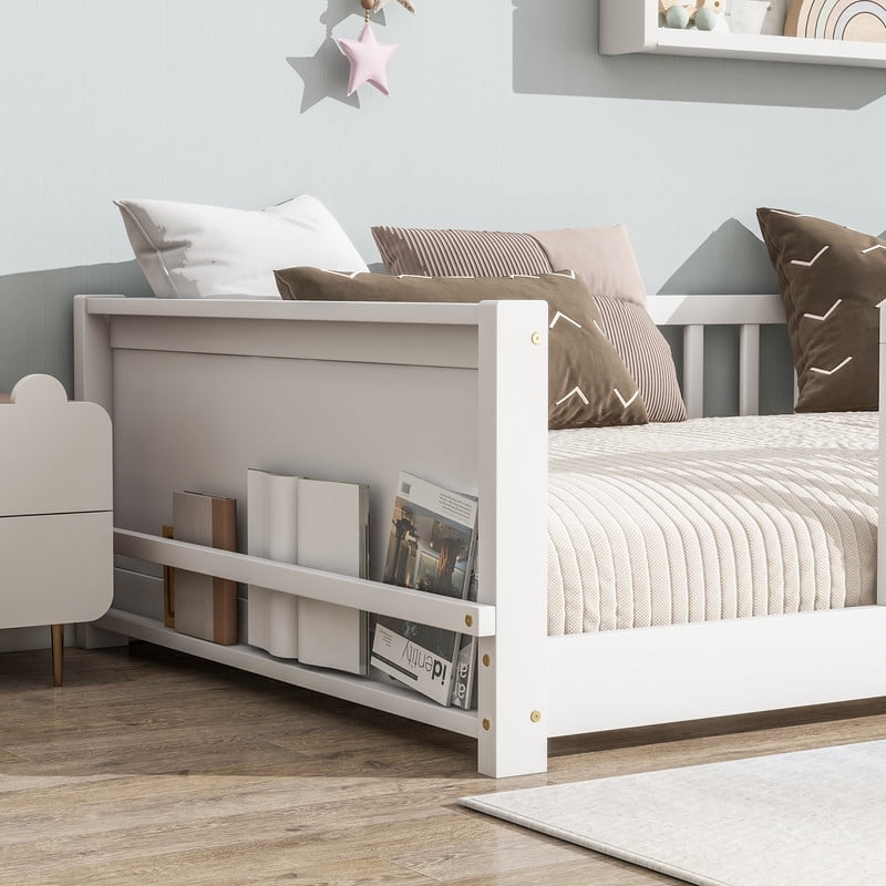 Twin Size Wooden Platform Bed with Safety Guardrails & Built-in Bookshelf, Montessori Kids Floor Bed Frame with Opening
