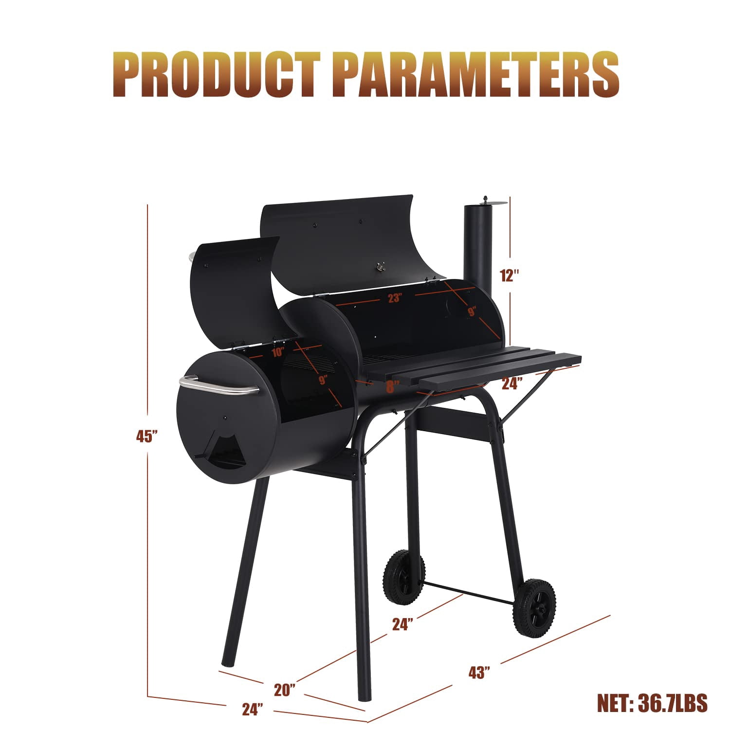 Dkelincs 43'' Charcoal Grill with Wheels and Side Fire Box -BBQ Grill Perfect for Camping, Outdoor Party and Picnics Portable Barbecue Grill for 6-10 People