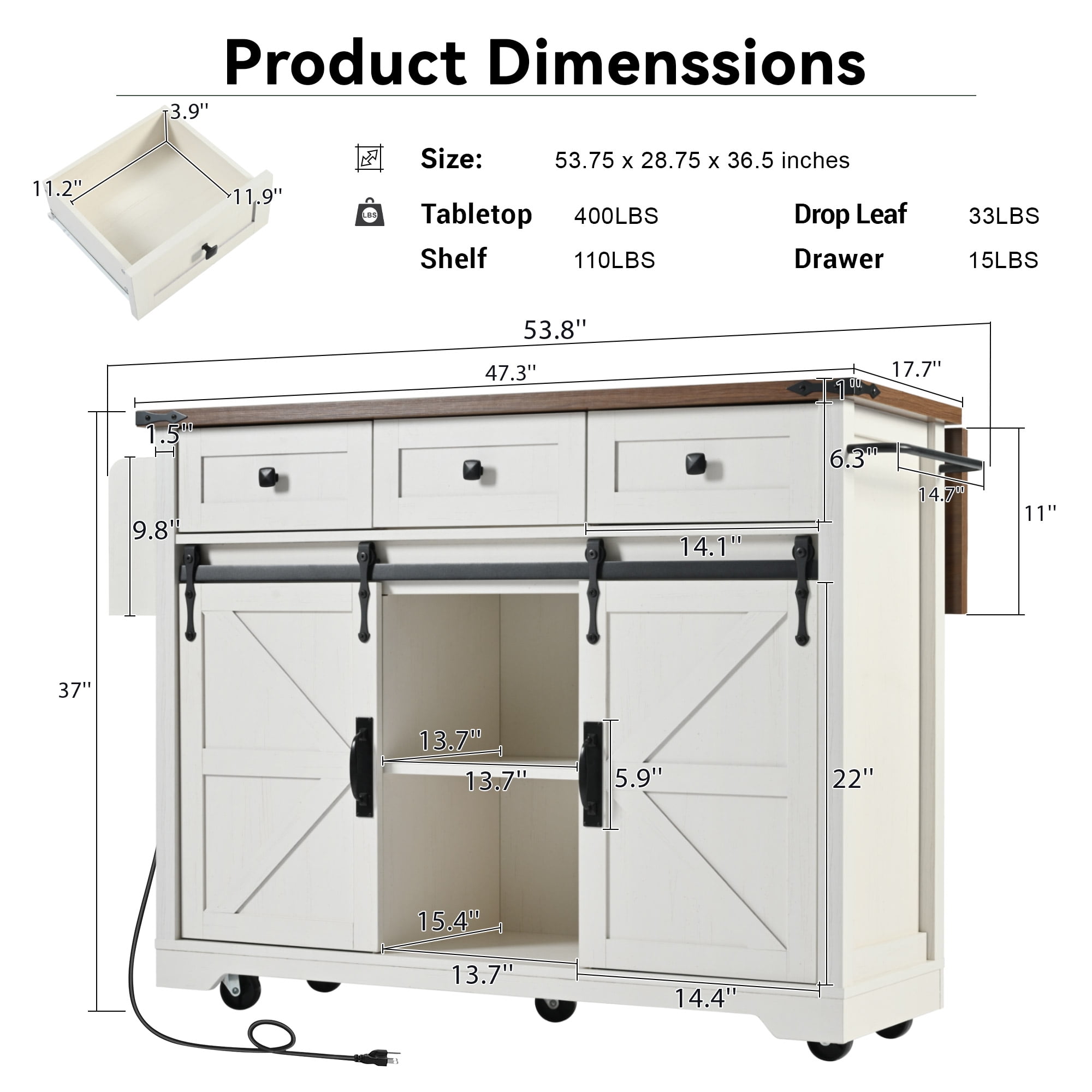Chords Attic 53.7"W Farmhouse Rolling Kitchen Island with Sliding Barn Doors, Mobile Kitchen Islands with Drop Leaf and Power Outlet, Rustic Kitchen Storage Cart with Spice Rack for Dining Room