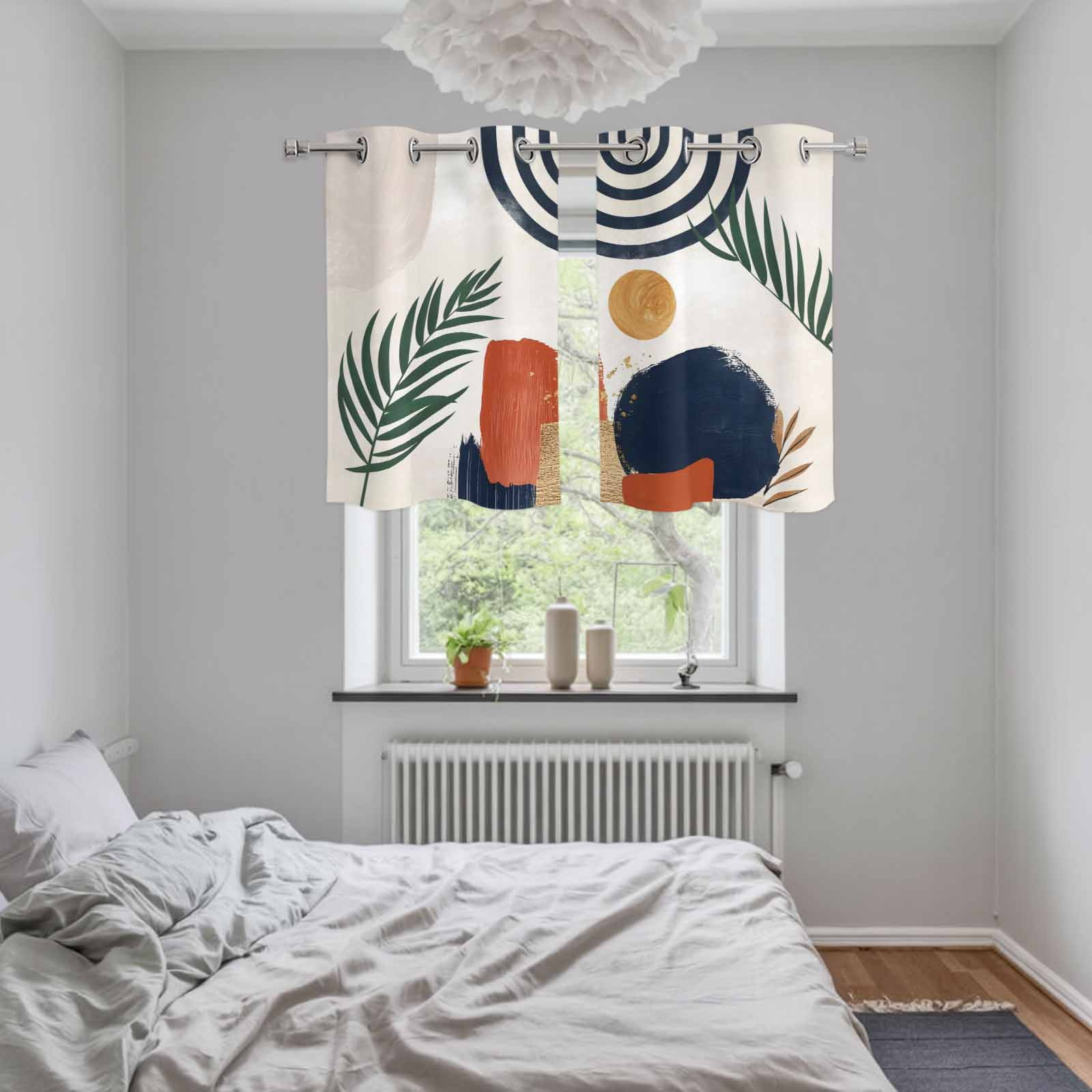 2 Panels Kitchen Tier Curtains 39 Inch Length, Boho Grommets Window Treatment Curtain, Middle Century Leaves Bohemia Minimalist Abstract Art Beige Thermal Curtains Drapes for Living Room/Bathroom