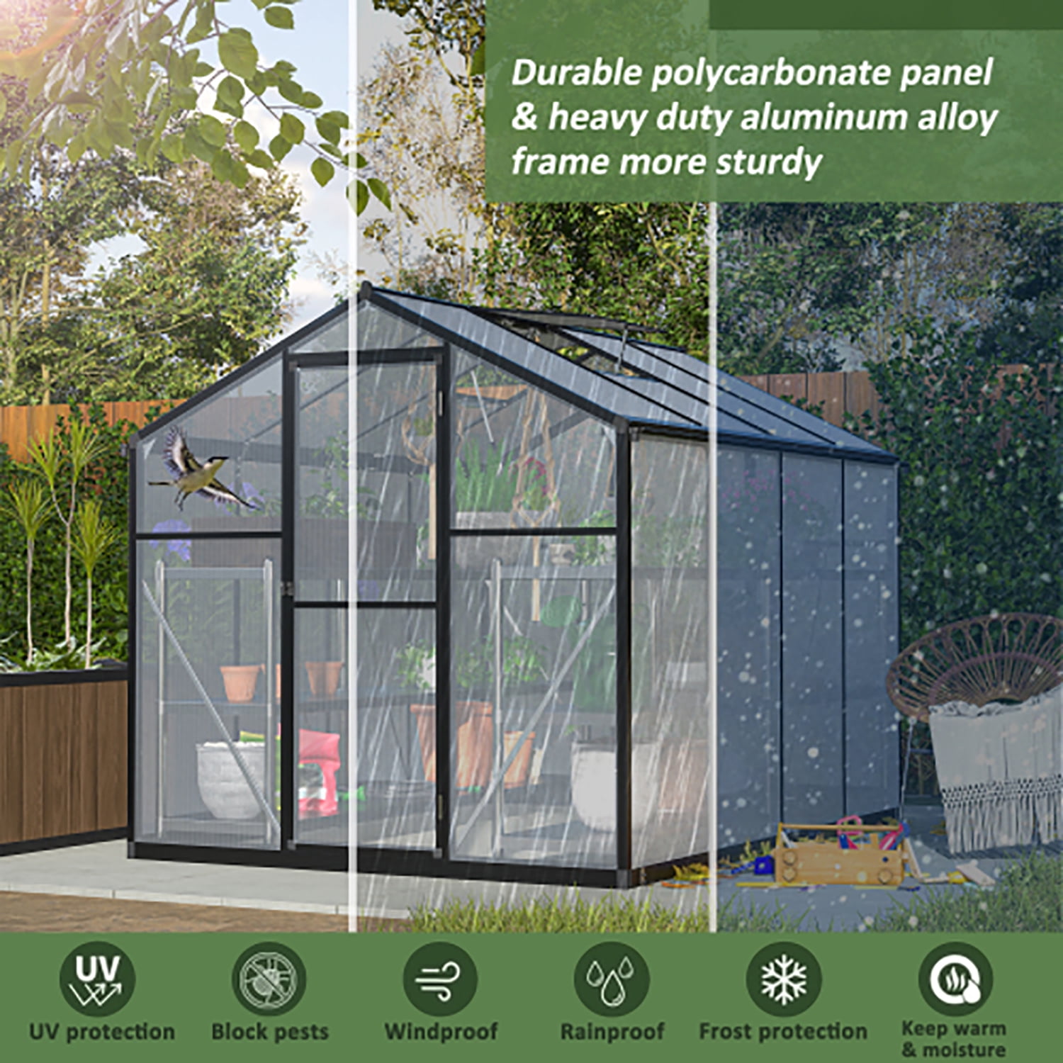 KEHOMY 6'x 8' Polycarbonate Greenhouse, Heavy Duty Walk-in Plant Garden Greenhouse for Backyard/Outdoor，for Growing Flowers, Fruits, Vegetables, and Herbs,Green