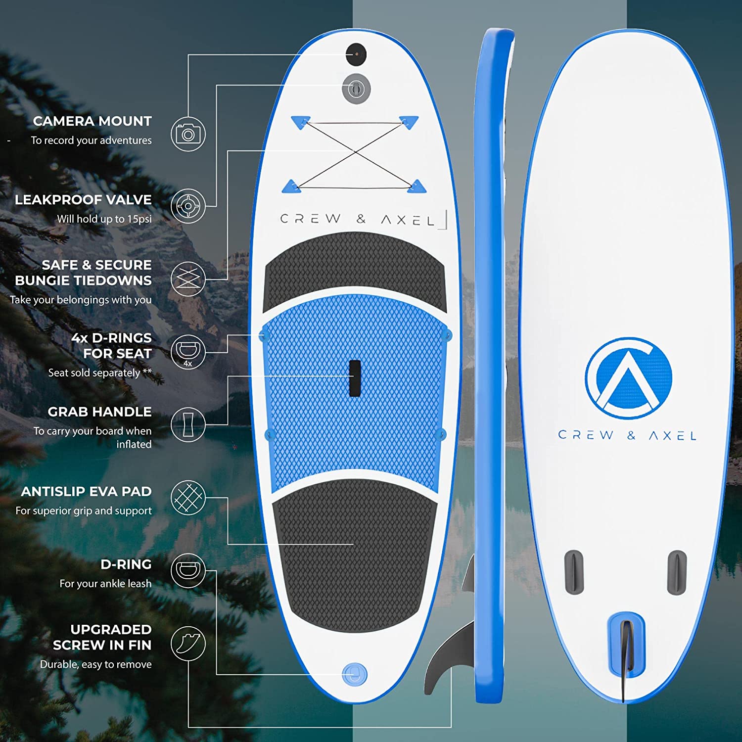 Crew Axel Inflatable Paddle Board 10’33’6” (18lb) SUP Kit Includes Paddle Pump Bag & More Blue