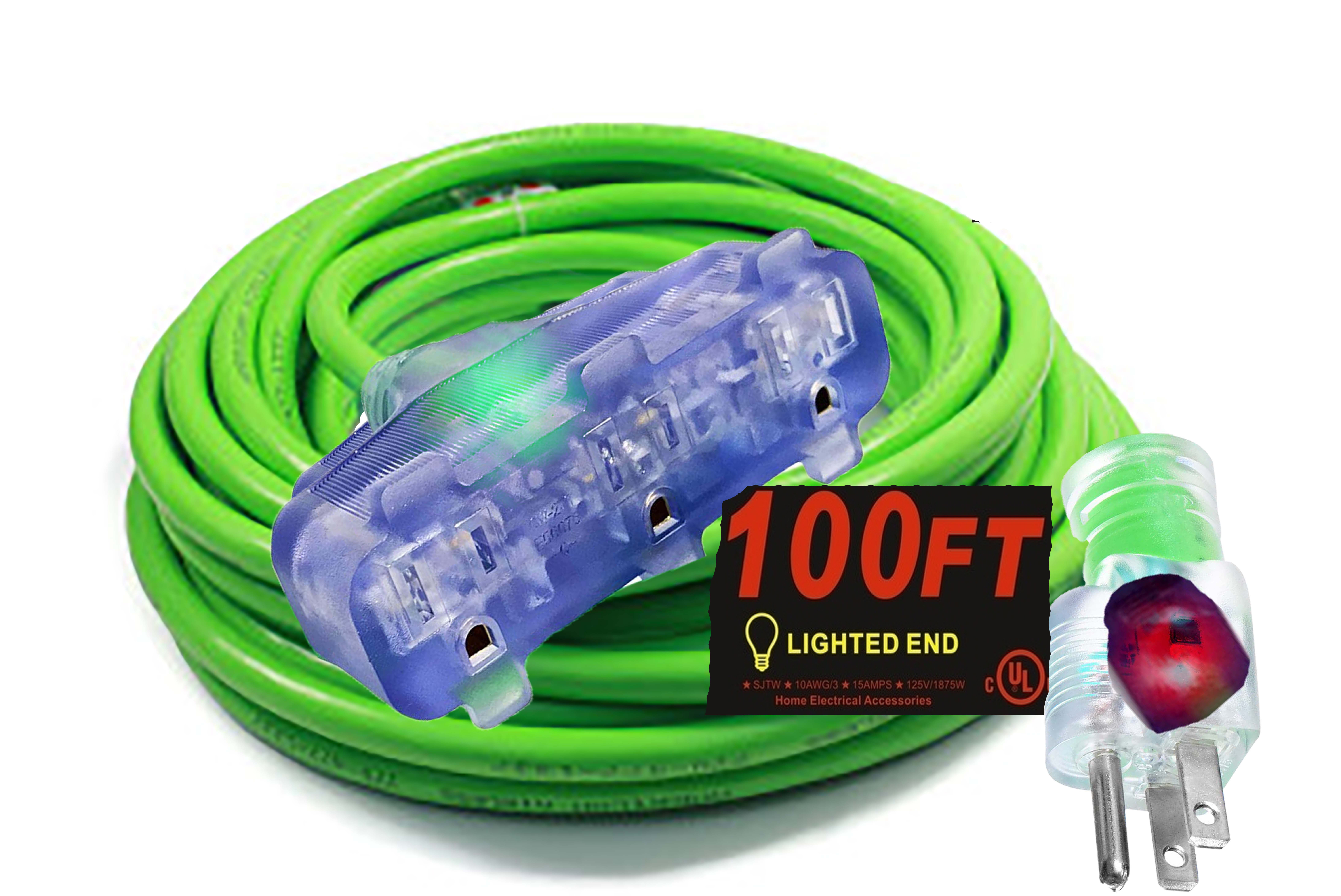 pizety 12/3 Extension Cord 100 ft Outdoor Indoor Heavy Duty 100 ft Extension Cord 12/3 12 Gauge Extension Cord 3 Outlet Lighted 15 Amp 1875 Watts Triple Outlet 12 Gauge Extension Cord 100 ft Copper