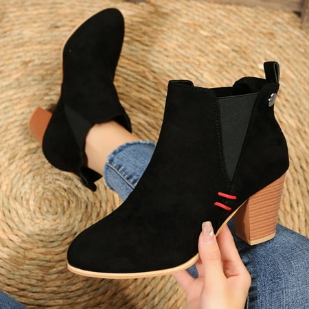 

Cathalem Size 13 Womens Boots Fashion Women Flock Solid Color Autumn Thick Sole Square Heels Slip On Short Boots Women Flat Heel Black 6.5