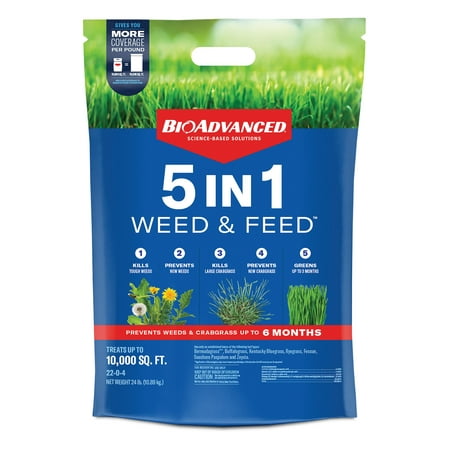 BioAdvanced 5 in 1 Weed and Feed, Granules, 24lb, Fertilizer, 10,000 sq ft