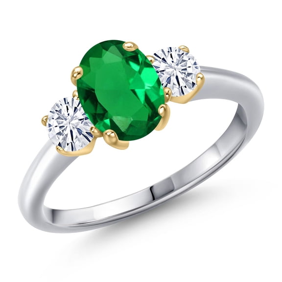 Gem Stone King 10K Two Tone Gold Green Nano Emerald and White Moissanite Engagement Ring for Women | 1.21 Cttw | Oval 8X6MM | Gemstone May Birthstone | Size 9