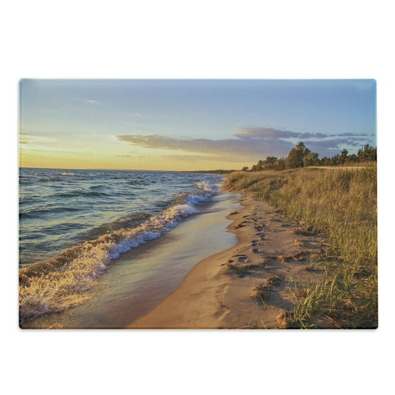 Coastal Cutting Board, Sandy Calm Beach Ocean Waves Tranquil Seashore Setting Sun, Decorative Tempered Glass Cutting and Serving Board, Large Size, Pale Yellow Pale Brown, by Ambesonne