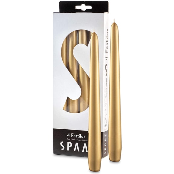 Gold Taper Candles, Set of 4 - 9" Tall Metallic Taper Candles - 8 Hour Long Burning - Individually Wrapped, Unscented Taper Candles for Home Décor, Wedding, Holiday, and Parties