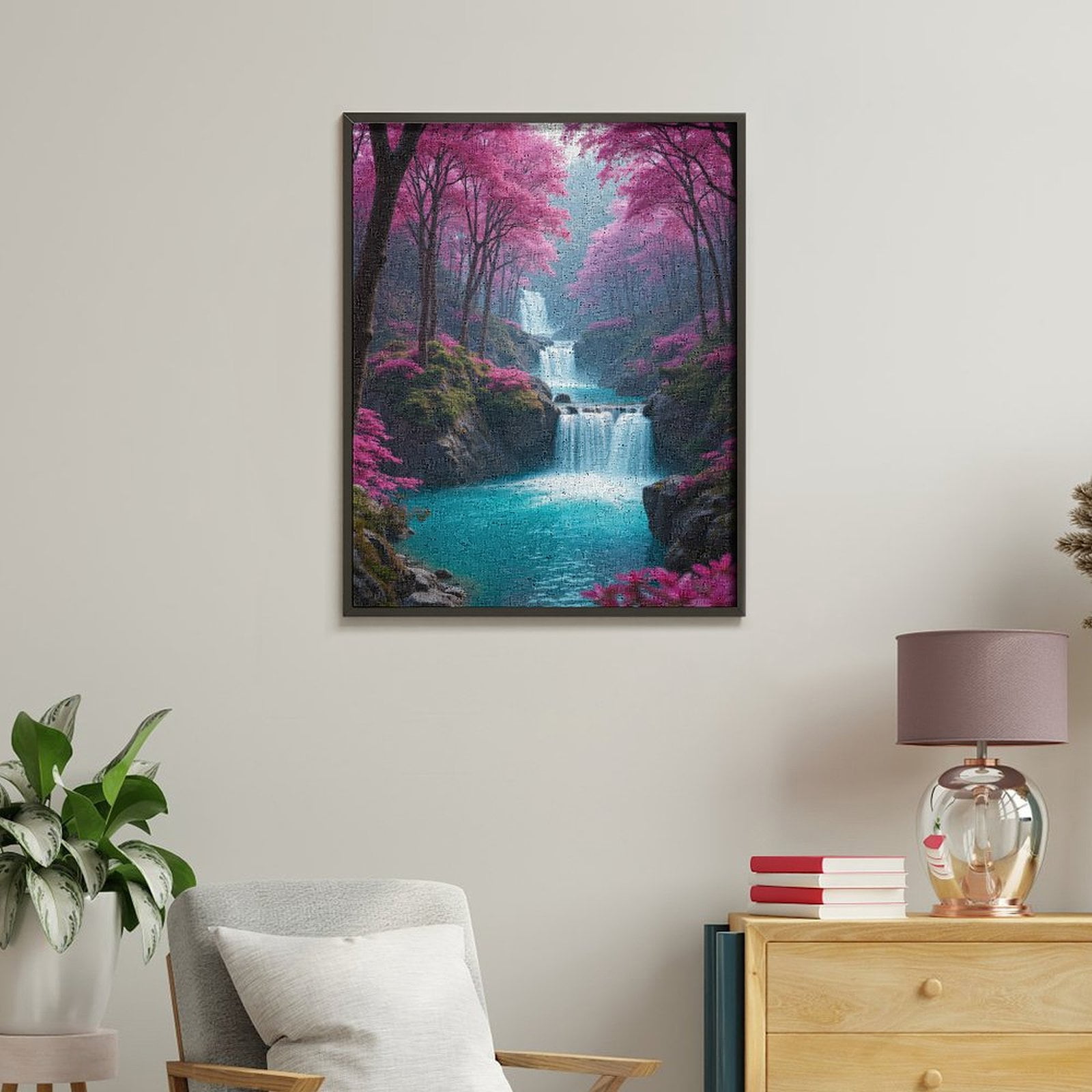 Paint By Numbers Kit for Adults Beginner - DIY Pink Forest Waterfall Serenity Canvas Painting Kits for Adults, Frameless Paint By Number for Adults for Home Wall Decor 16x20 Inch