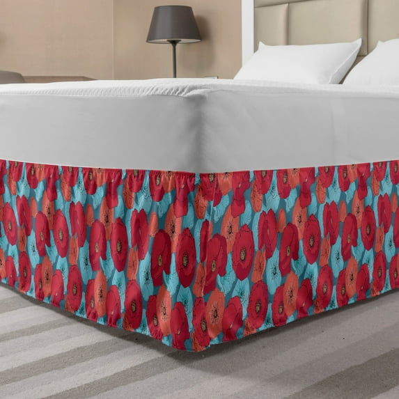 Floral Bed Skirt, Spring Love Themed Blooming Poppies, Elastic Bedskirt Dust Ruffle Wrap Around for Bedding Decor, 4 Sizes, Dark Coral Sky Blue, by Ambesonne