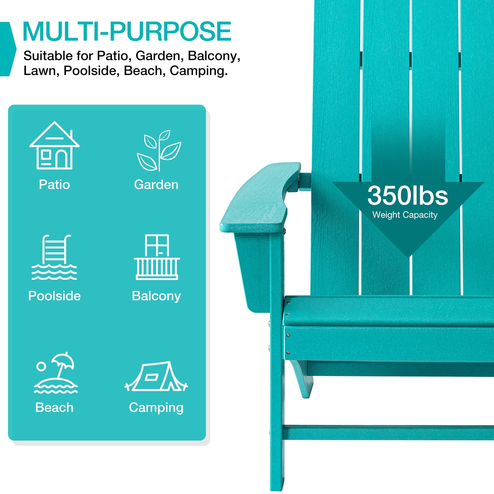 Garpans Adirondack Chair All Weather Outdoor Adirondack Chair HDPE Outdoor Chair for Patio Front Porch Pool Garden Deck Fire Pit Outside, Turquoise