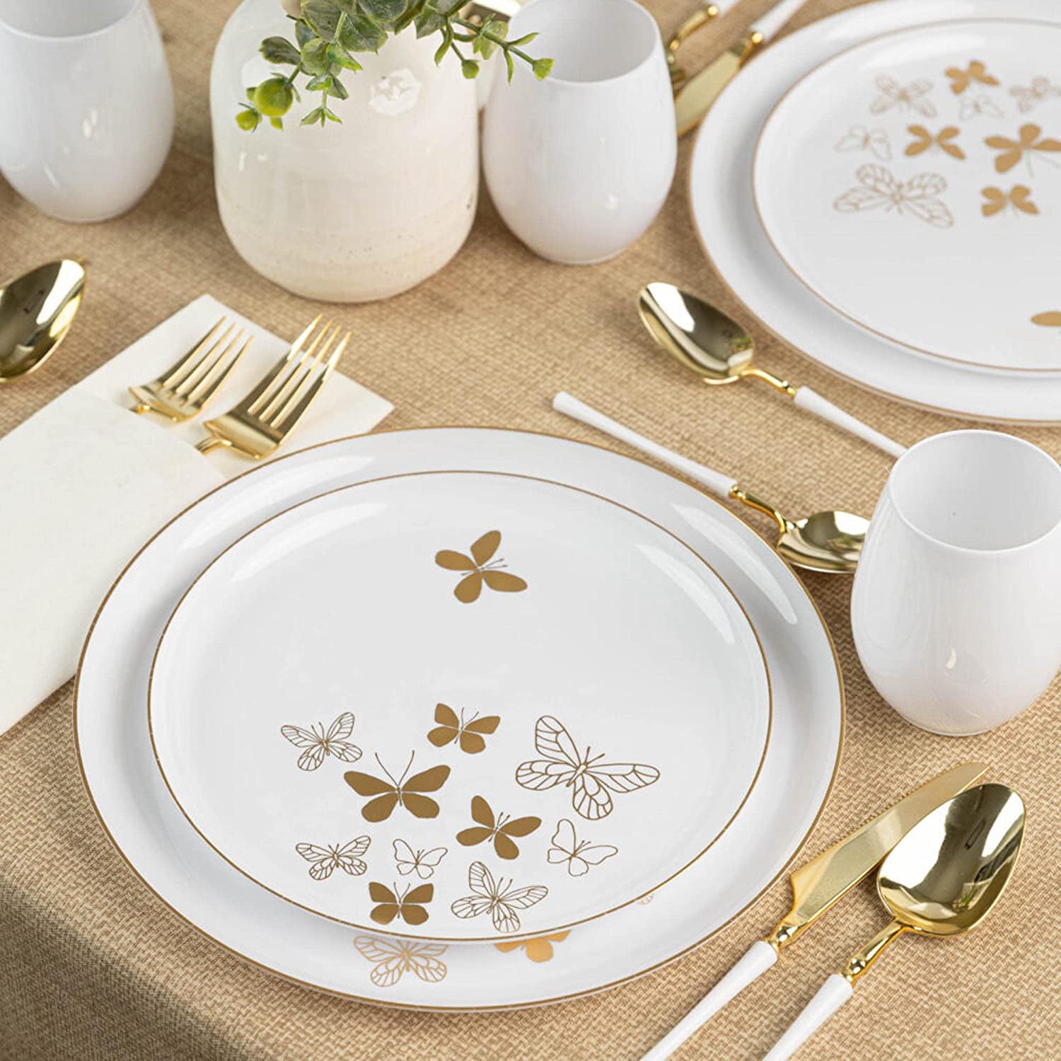 (20 PACK) EcoQuality 7.5 inch Round White Plastic Plates with Gold Floral  Design - Spring Flower Heavy Duty Large Disposable Charger Dinner Plate