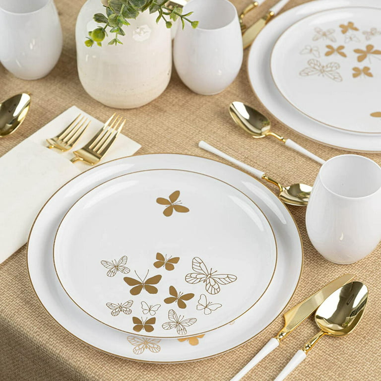 (20 PACK) EcoQuality 6 inch Round White Plastic Plates with Gold Butterfly  Design - Disposable China Like Party Plates, Small Heavy Duty Dessert