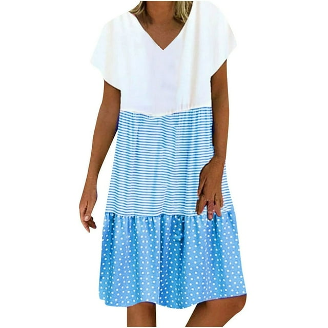 CHOK Robe Mini Décontractée pour Femme Grande Taille Été Ample Mode Patchwork Col en V à Rayures à Pois Manches Courtes Volant Ourlet à Étages en Lin Robe de Plage Soleil en Liquidation