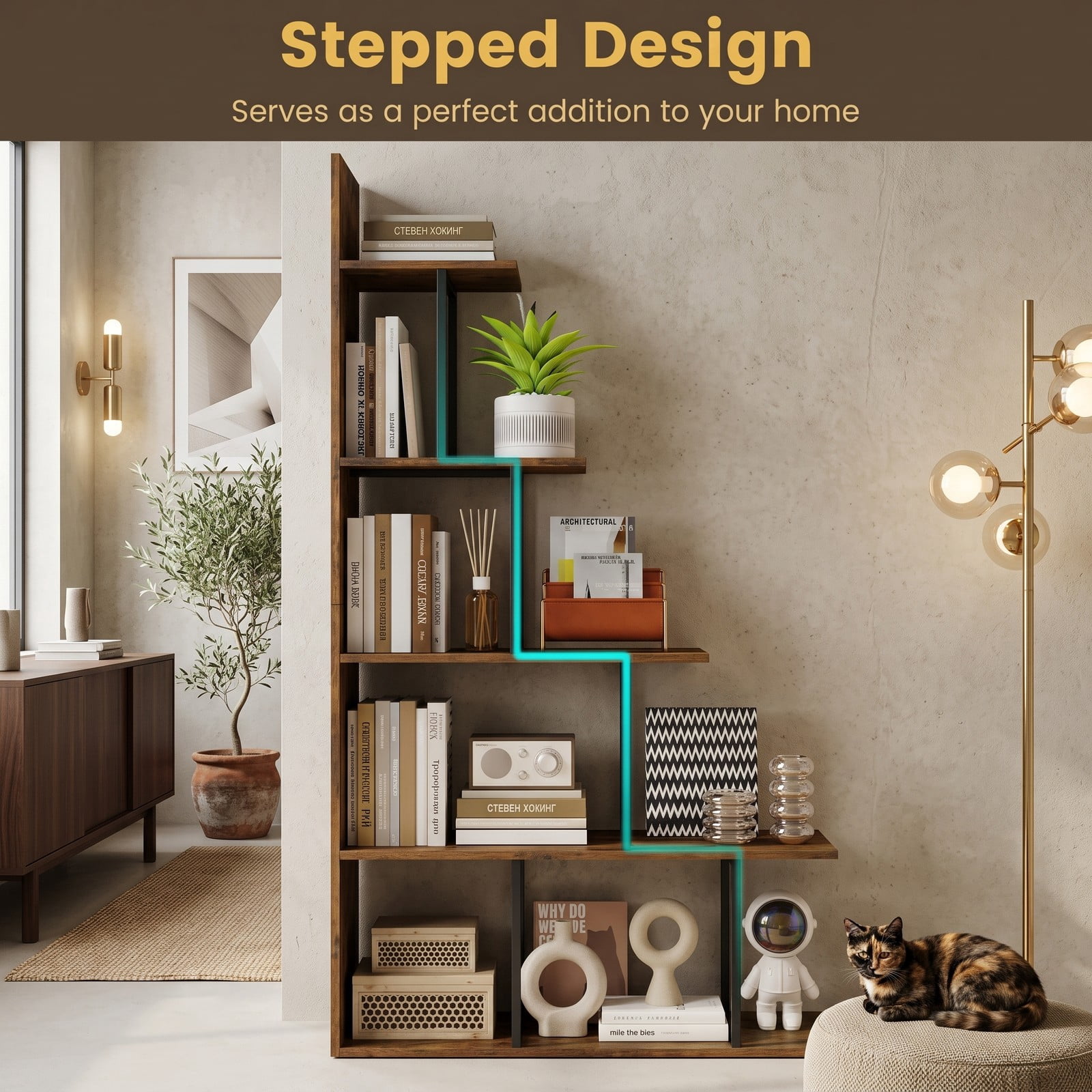 Furnibear 5-Tier Stepped Bookshelf, 62 Inch Tall Freestanding Industrial Bookcase with Heavy Duty Metal Frame, Wood Storage Shelf Organizer for Home, Rustic Brown