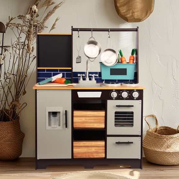 Kitchen Playset for Kids Ages 3-8, Wooden Pretend Play Kitchen with Cooking Accessories