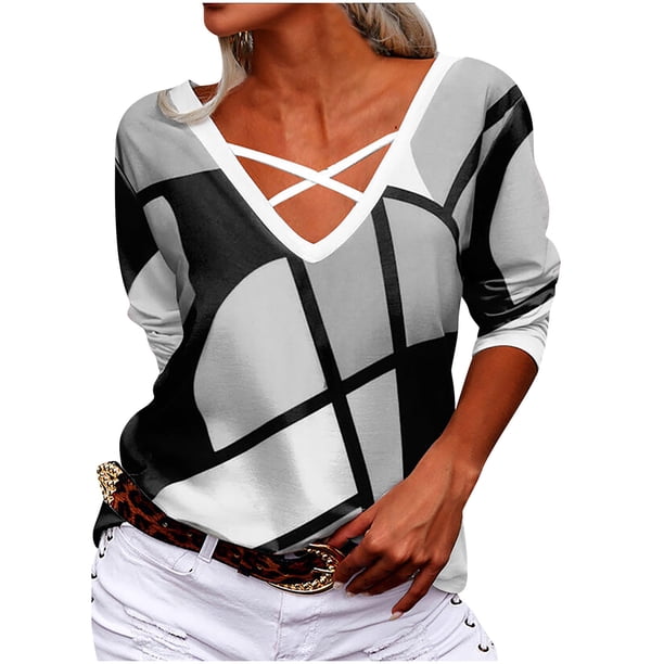 Top de manga larga estampado con cuello en V suelto de moda para mujer Pompotops gfhjh11784